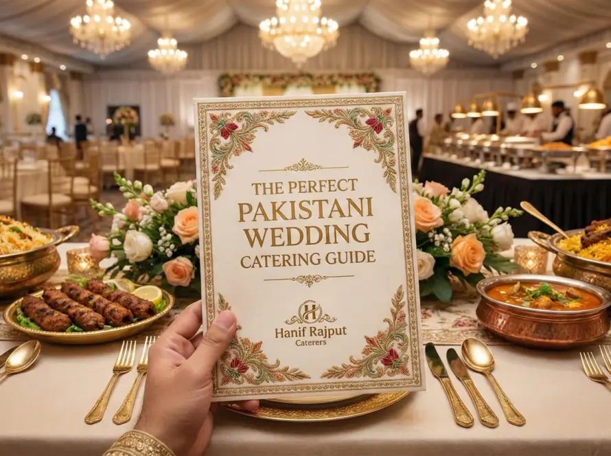Featured image for the blog post 'The Perfect Catering Menu Guide for a Pakistani Wedding', showing a hand holding a beautifully designed menu book with the Hanif Rajput Caterers logo, set against a backdrop of a lavish Pakistani wedding banquet hall with traditional dishes like biryani and kebabs.